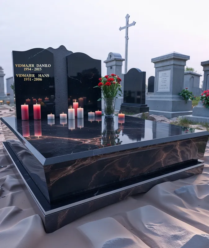 Dvojni granitni spomenik — digitalni predlog nagrobnika, crn granit