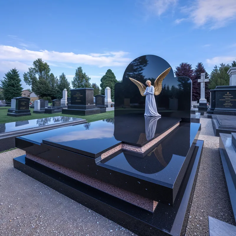 Spomenik z obokom in angelom — digitalni predlog nagrobnika, crn granit