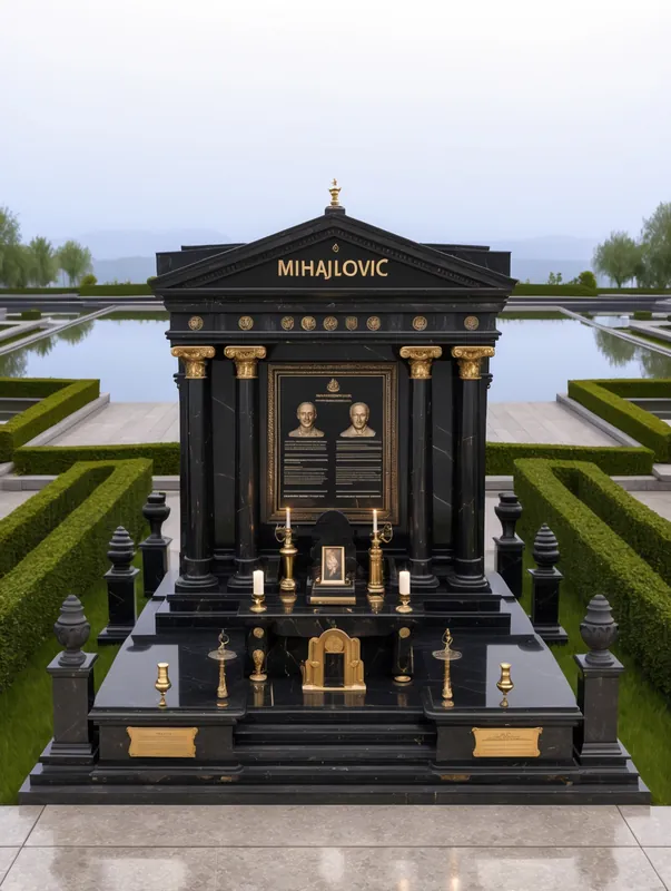 Klasična grobnica s stebri — digitalni predlog nagrobnika, crn granit
